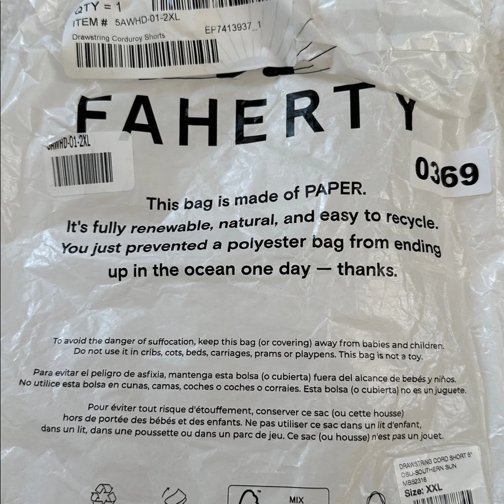 Faherty Shorts Drawstring Men XXL Organic Cotton Corduroy Cord Shorts 6”